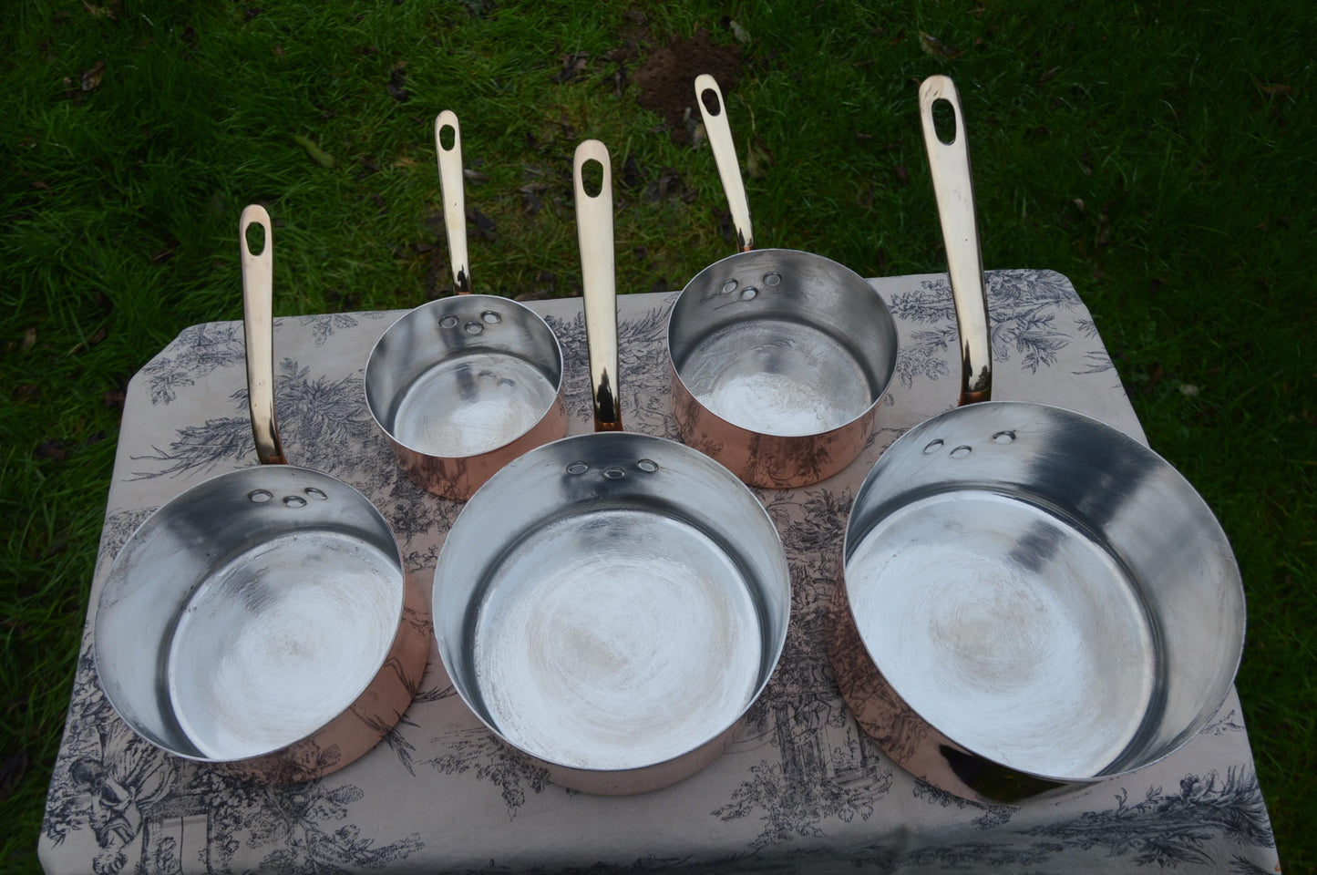 Antique Copper Pans Set Five French 1.1-1.2mm Graduated Bronze Handles 12-20cm Refurbished New Tin Perfect Balance Bespoke Set