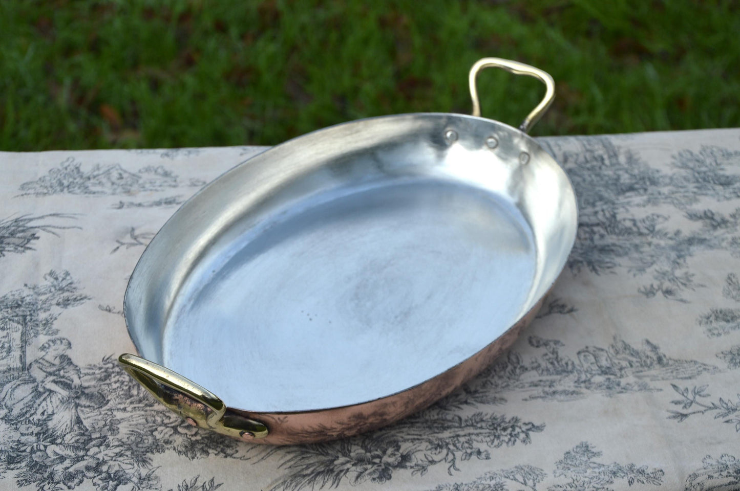 Antique Copper Gratin Pan Long French New Artisan Tin Roasting Dish Oval Oven 35cm 13 3/4" Bronze Handles Made in France Well Used