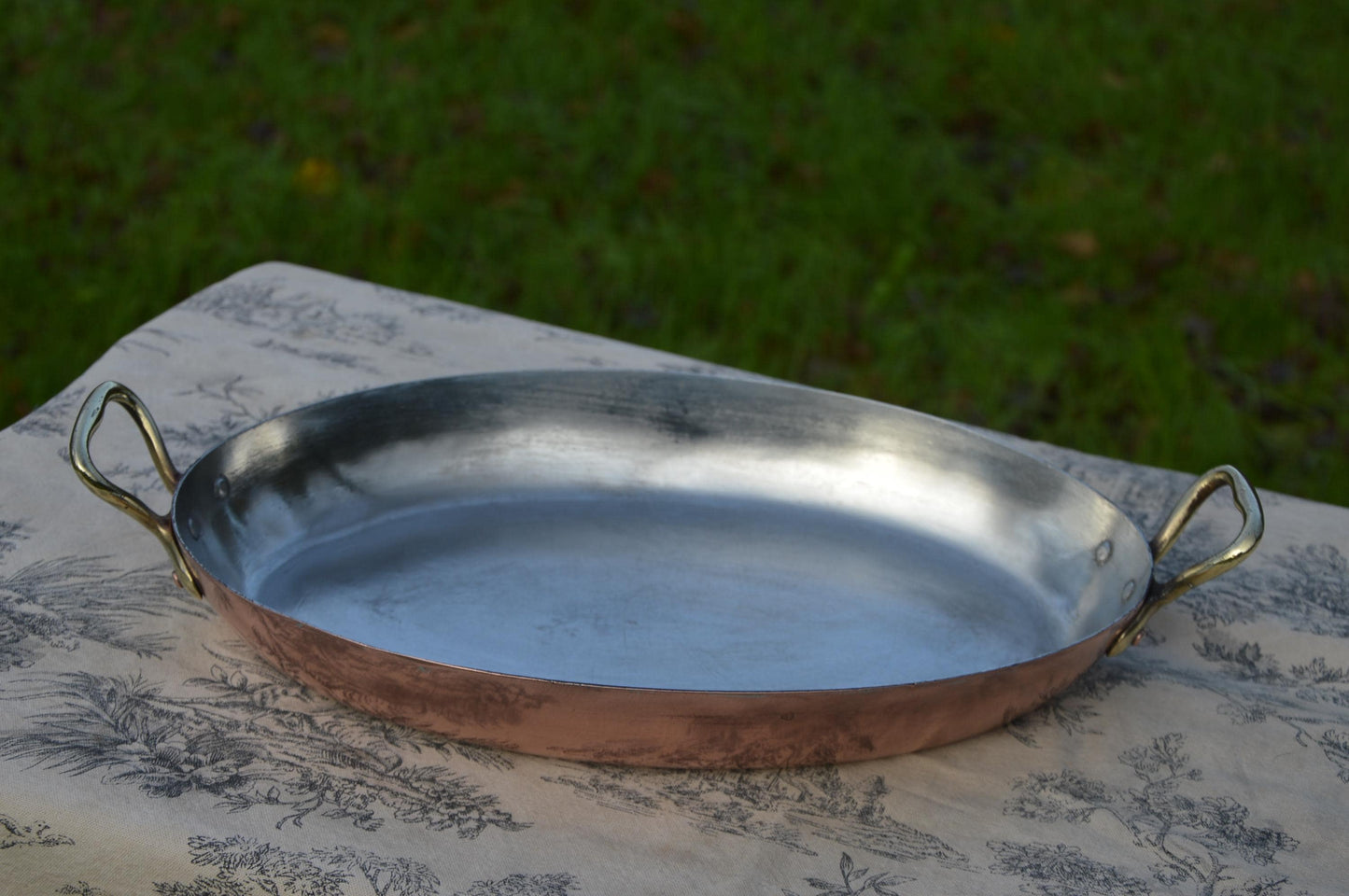 Antique Copper 30cm 11 3/4" Gratin Pan Big French Vintage Copper New Villedieu Artisan Tin Roasting Dish Oval Oven Bronze Handles Villedieu