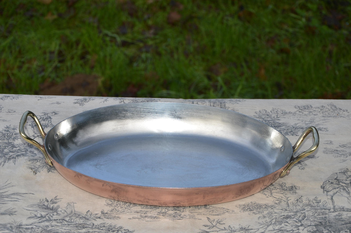 Antique Copper 30cm 11 3/4" Gratin Pan Big French Vintage Copper New Villedieu Artisan Tin Roasting Dish Oval Oven Bronze Handles Villedieu