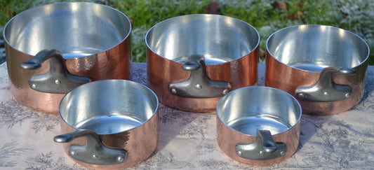 Copper Pans Set Five Vintage French 1.7mm Copper Hammered Graduated Pans Iron Handles 12-20cm Refurbished New In-House Tin Perfect Balance