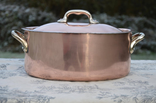 French Copper Pan Copper Pot Dutch Oven Casserole Lid Faitout 1.7mm Oval 24cm 11" StockPot Kitchen Pot New Hand Wiped Tin Well Used