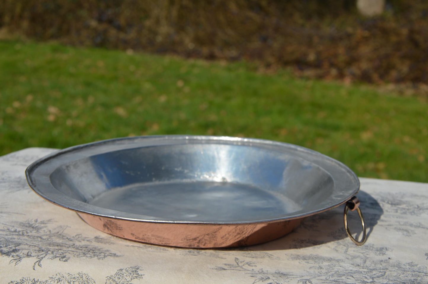 Copper Pie Plate Gratin Pan French Antique Copper New Artisan Tin Roasting Dish Round Oven 29.5cm 11 1/4" Ring Handle Refurbished