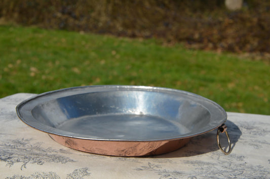 Copper Pie Plate Gratin Pan French Antique Copper New Artisan Tin Roasting Dish Round Oven 29.5cm 11 1/4" Ring Handle Refurbished